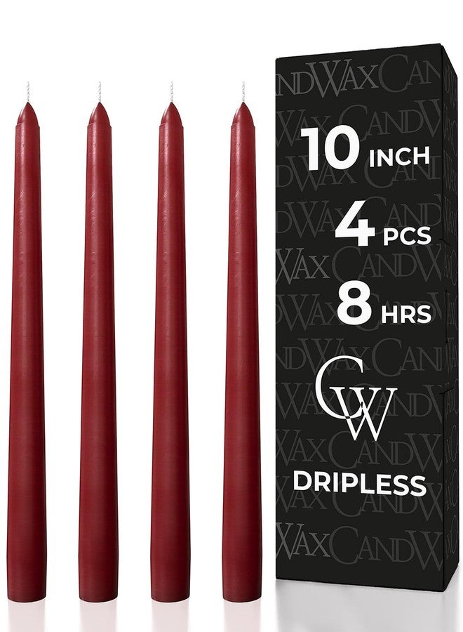 CANDWAX Burgundy 10 inch Taper Candles Pack of 4 - Unscented Dripless Burgundy Candlesticks - Perfect as Christmas Decorations and Home Decor for Dinner Table Centerpieces - Christmas Taper Candles - Image 1